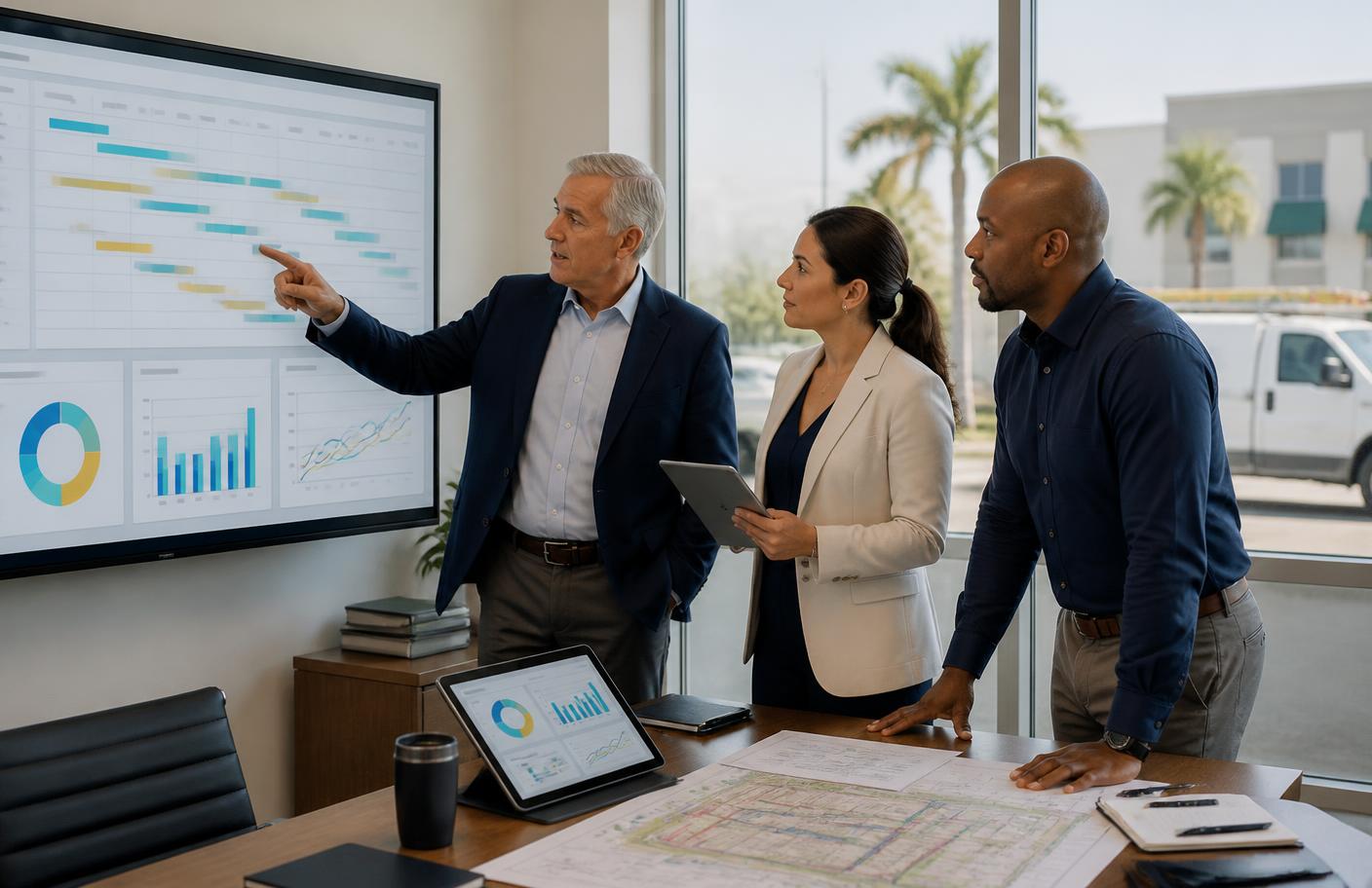 Business leaders reviewing workflows, scheduling and performance reporting