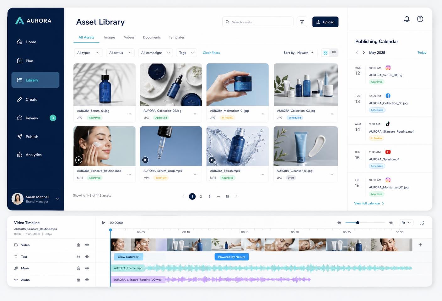 Custom content operations system with asset library, approval status, publishing calendar and video timeline